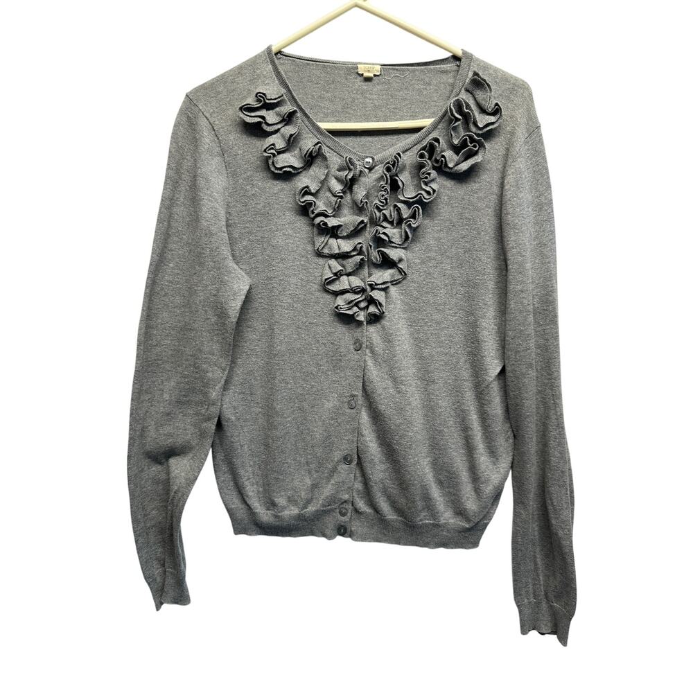 J.Crew Womens Grey Ruffle Front V-Neck Button Down Cardigan Sweater Size M